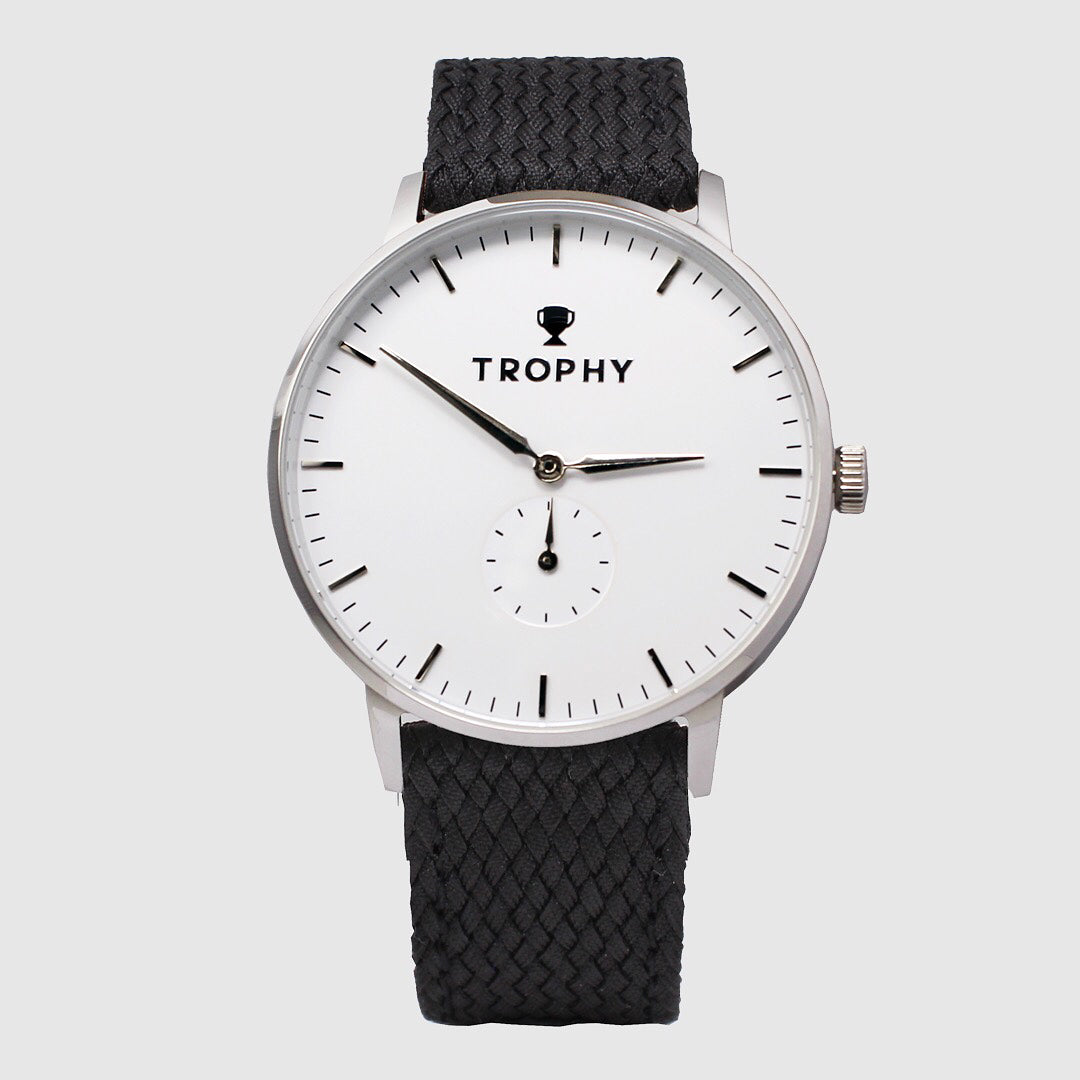 Silver & White / Black Perlon - Trophy Watch Company